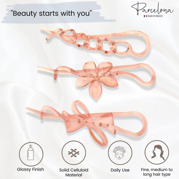 French Hair Clips Set of 3 Crystal Pink Celluloid Bow Flower Chain Non Slip main image 5